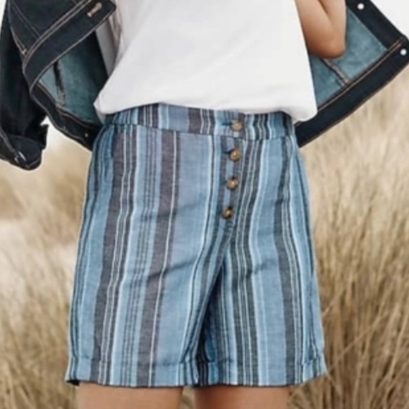 J. Jill Pants - J Jill Linen Blend Shorts Blue Striped Button Fly Cuffed Sz L